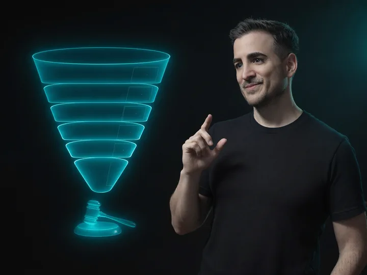 Javier Yranzo junto a un embudo holográfico de cuatro etapas y un martillo de juez