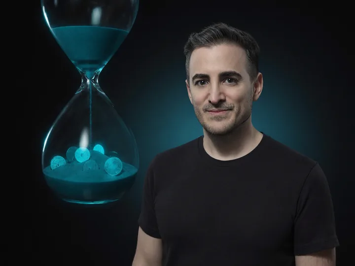 Javier Yranzo junto a un reloj de arena