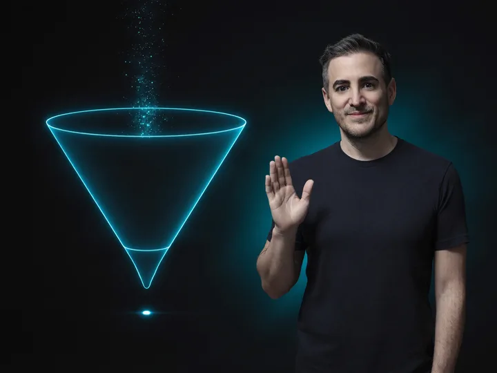 Javier Yranzo junto a un embudo holográfico que filtra puntos de luz