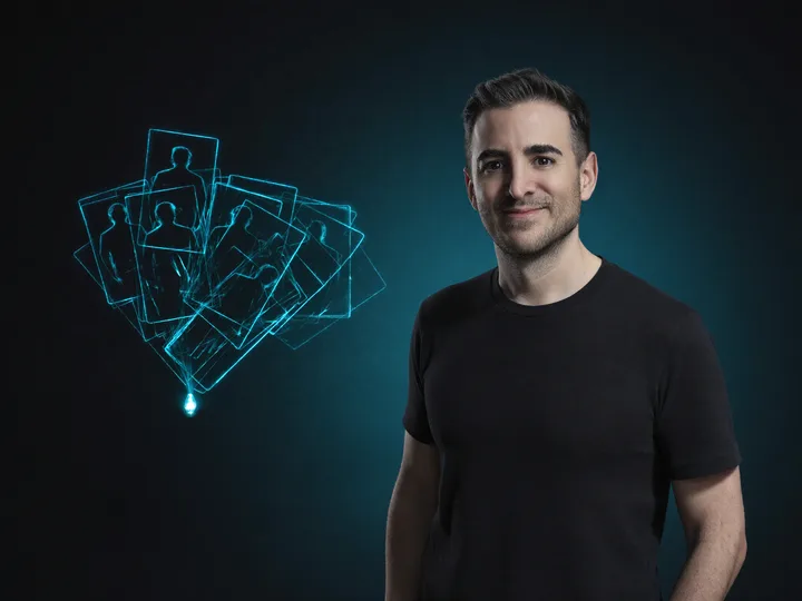 Javier Yranzo junto a un abanico holográfico de anuncios que sale de una lamparita
