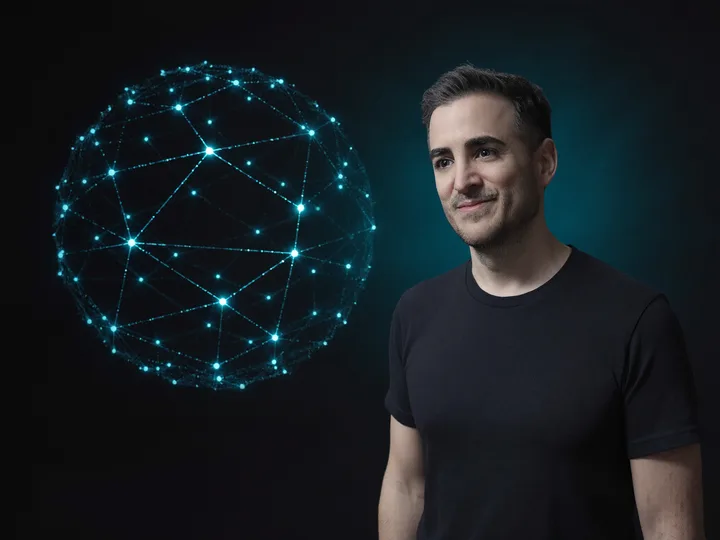 Javier Yranzo junto a una red de nodos conectados holográfica