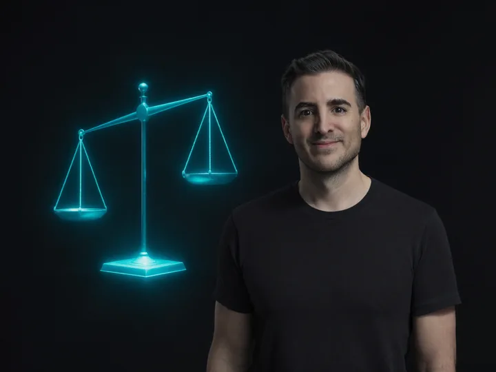 Javier Yranzo junto a una balanza de la justicia