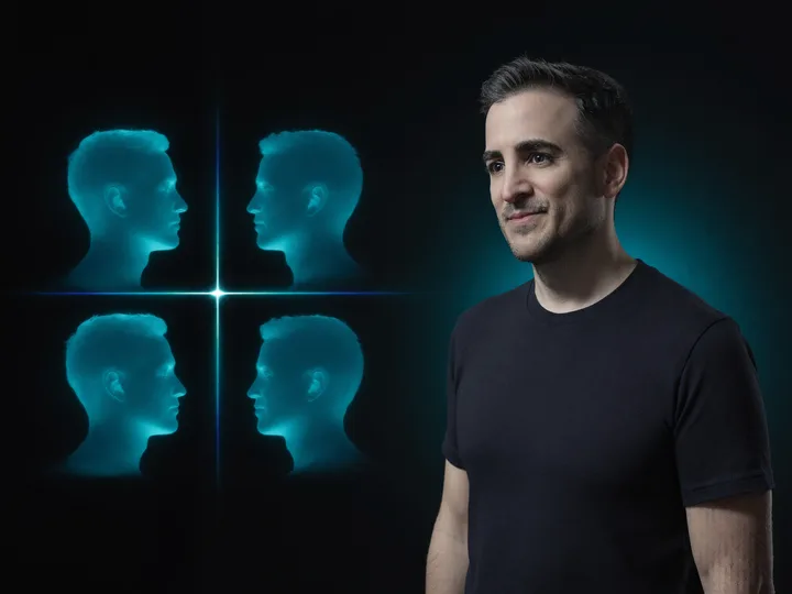Javier Yranzo junto a cuatro siluetas holográficas de cabezas separadas por una cruz de luz